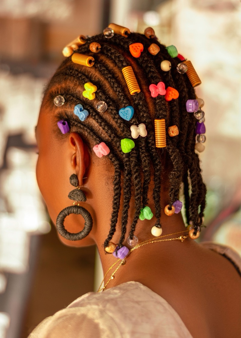 4B protective style with braids and colorful beads